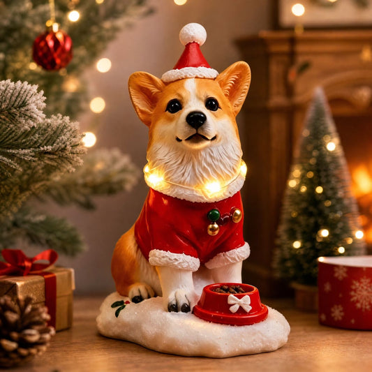 Christmas Corgi Figurine with LED Lights and Music - Resin Tabletop Decor for Home, Living Room, Bedroom, Office, and Parties