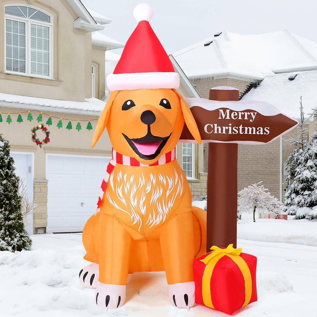 5 FT Inflatable Golden Retriever Christmas Decoration with LED Street Sign for Outdoor and Indoor Holiday Decor
