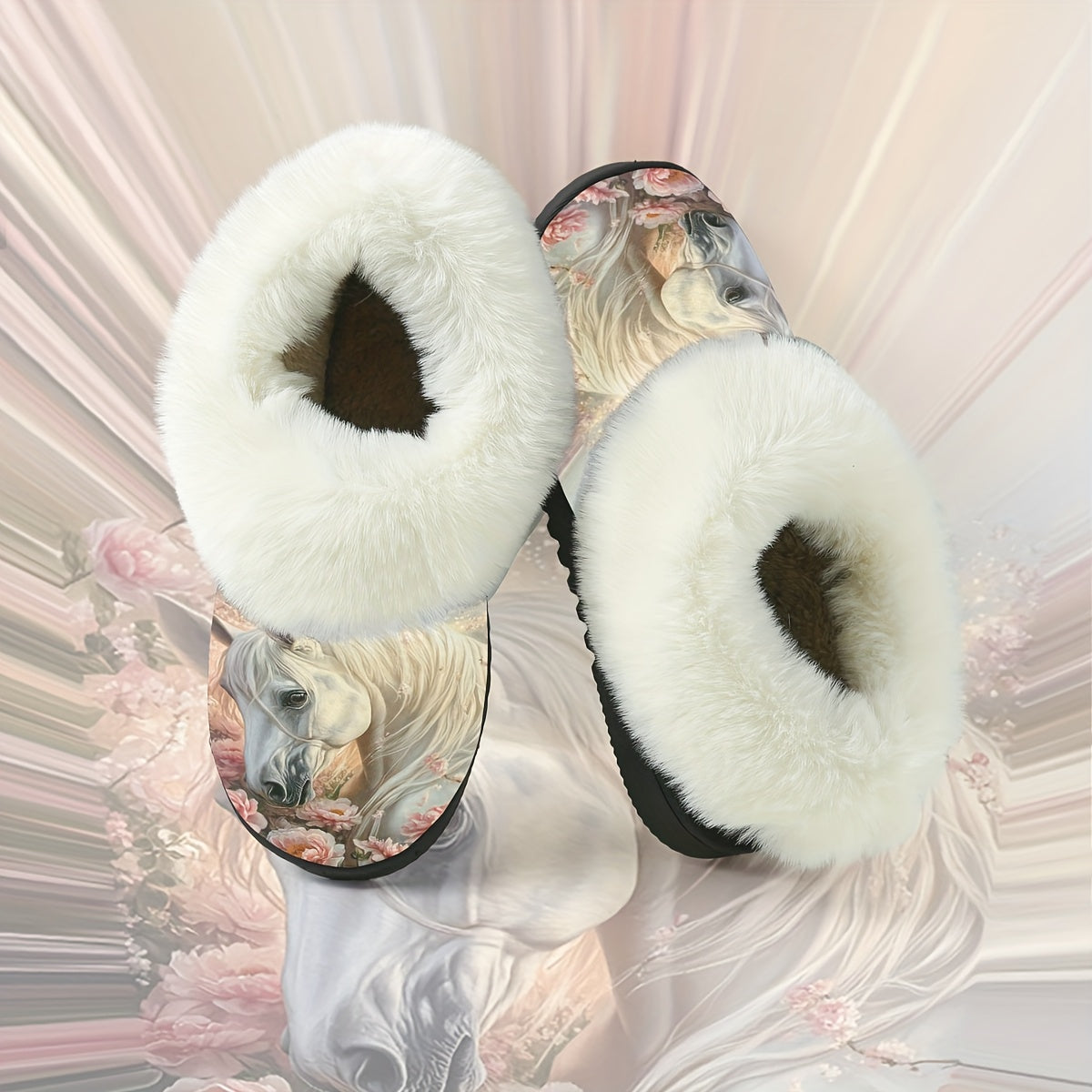 1 Pair Elegant White Horse & Floral Print Plush Slippers - Soft, Non-Slip Rubber Sole, All-Season Indoor/Outdoor House Shoes, Women'S Birthday/Christmas/Halloween Gift - Cozy Home Footwear for Women, Horse Lover Gifts, Indoor