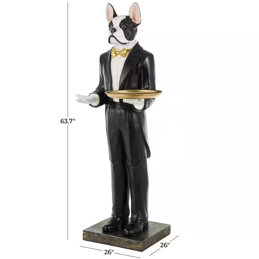 26 in. x 64 in. White Resin Waiter Dog Floor Sculpture with Gold Bow Tie and Plate