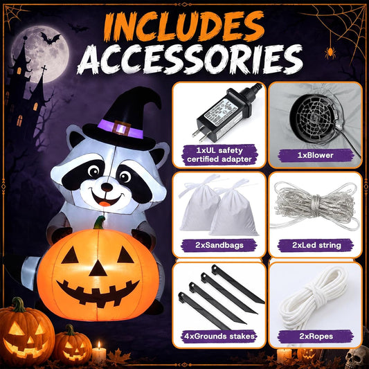 5 ft Halloween Inflatable Witch Raccoon Outdoor Decoration Blow up