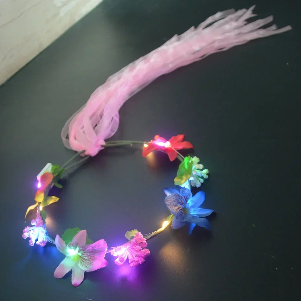 Hawaiian Lei Headband Light Up Flower Wreath Crown for Girl Women Holiday Party Birthday Luminous Wedding Festival