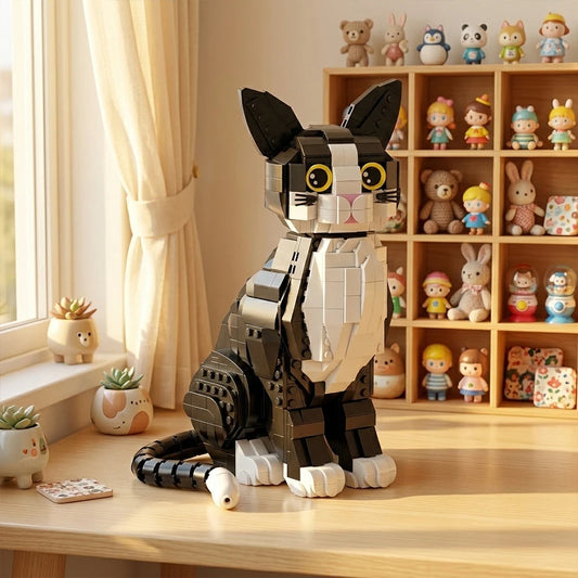 Black and White Cat Building Block Set Creative Sitting Kitten Figurine
