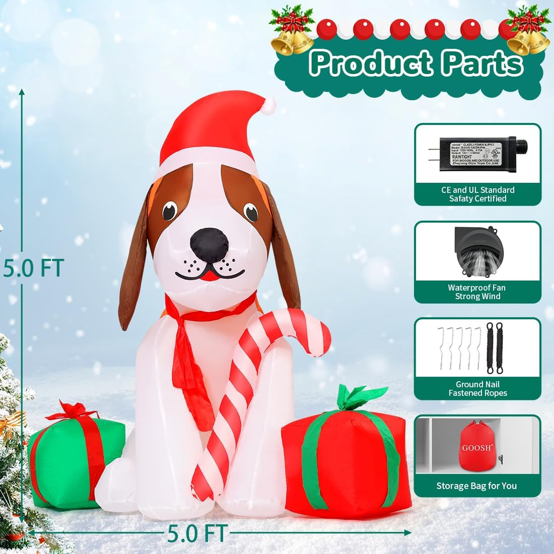 5 FT Inflatable Christmas Beagle Dog Outdoor Decoration with Gift Box and Built-in LEDs for Holiday Party and Garden Lawn Decor