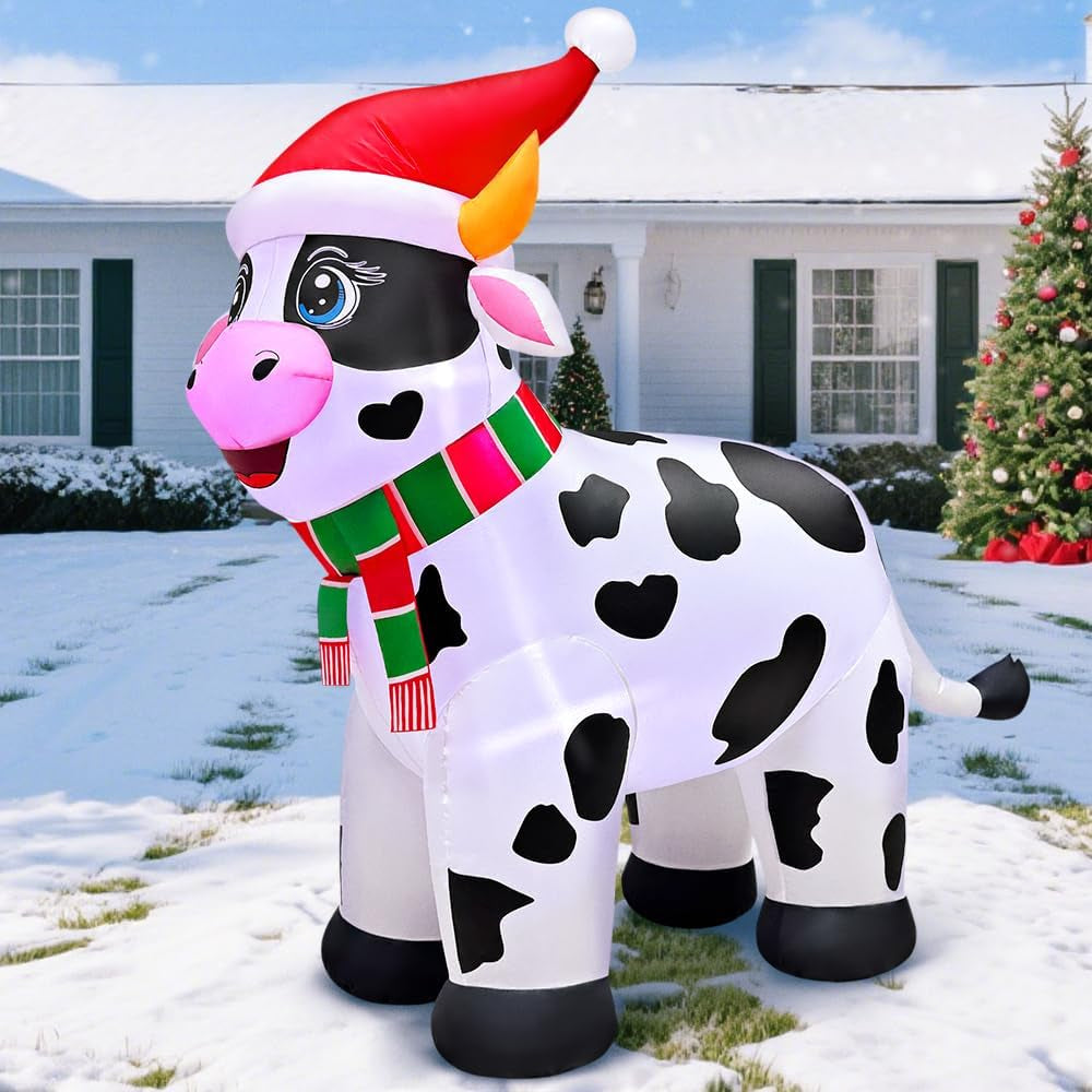 5.6FT Inflatable Cow Farm Animals for Christmas Outdoor Decorations with Built-in LED Lights - Festive Yard Decor for Holiday Parties and Indoor Garden Use