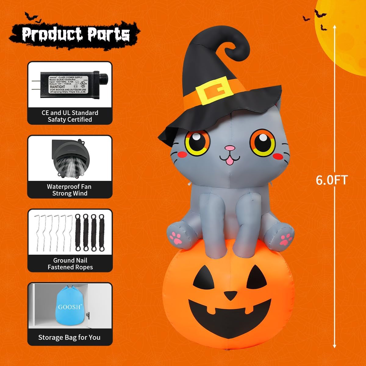 6 FT Halloween Inflatable Cat Outdoor Decoration - Adorable Wizard Cat Sitting on Pumpkin with Built-in LEDs for Garden, Lawn, and Indoor Party Decor