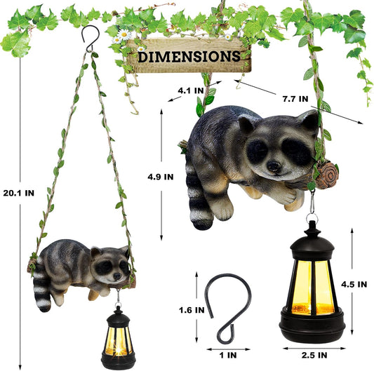 Solar Lighted Garden Outdoor Statue, Hanging Swing Raccoon Style