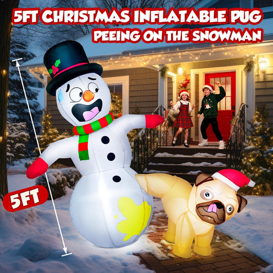 5FT Christmas Inflatable Pug Dog Peeing on Snowman with Built-in LED Lights - Outdoor Holiday Yard Decoration for Christmas and New Year Celebrations
