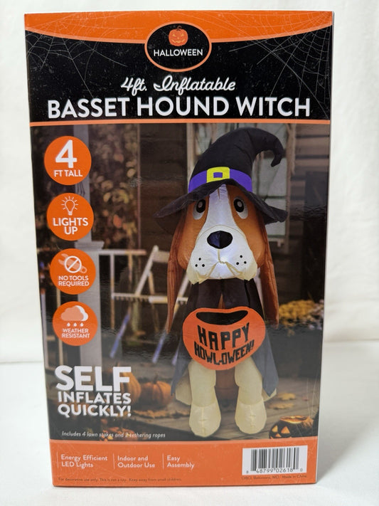 Halloween Basset Hound Witch 4-Foot Lighted Inflatable Yard Decoration with LED Lighting