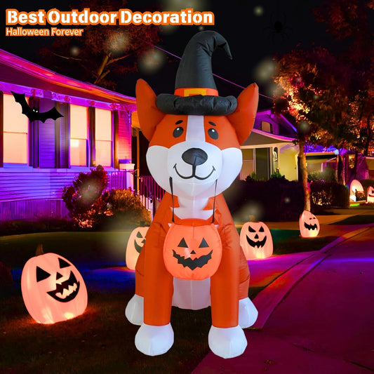 5FT Inflatable Corgi Dog with Pumpkin Outdoor Decoration - Halloween Blow-Up Yard Decor with Built-in LED Lights for Indoor and Garden Use