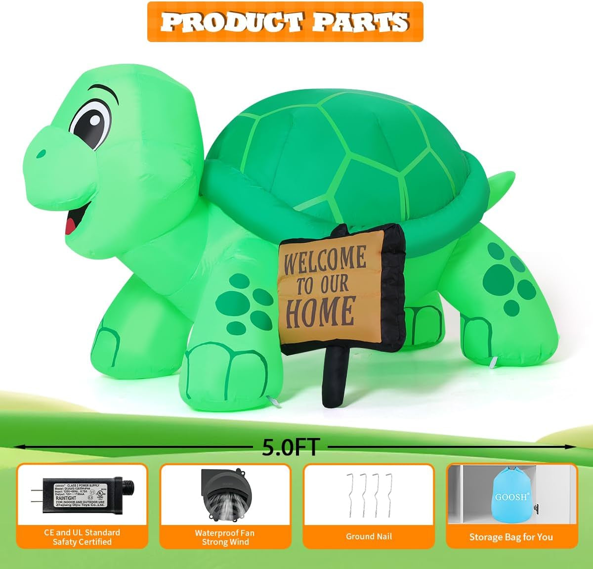 5 FT Inflatable Tortoise Outdoor Decoration with Welcome Sign and Built-in LEDs for Garden and Lawn Parties
