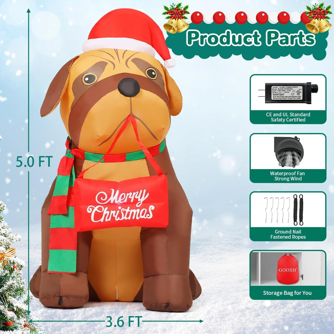 5 FT Christmas Inflatable Outdoor Decoration - Adorable Dog Design with Built-in LEDs for Indoor and Outdoor Holiday Display in Yard, Lawn, and Garden
