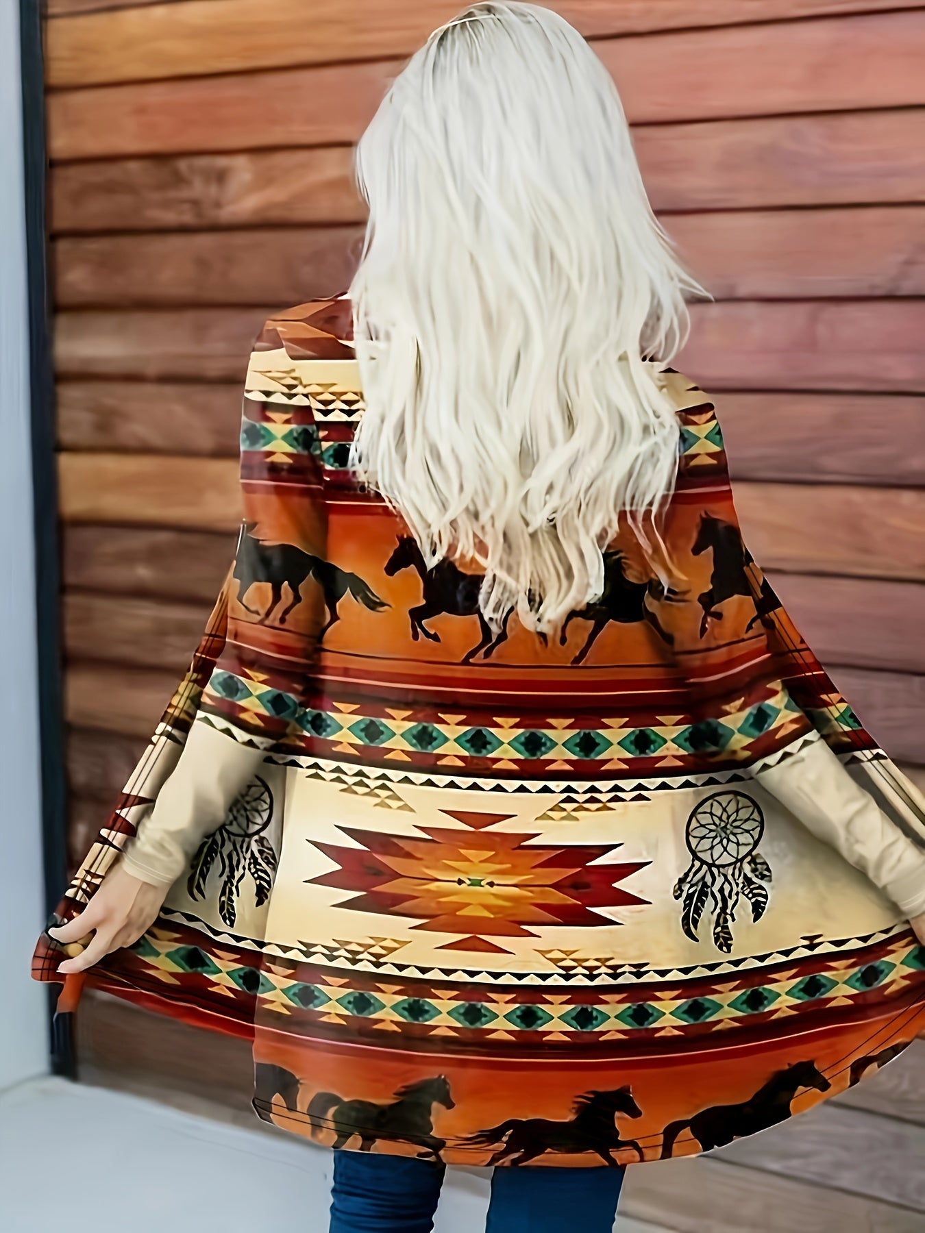 Stylish Plus Size Western Horse & Tribal Print Cardigan - Cozy Plus Size Coats for Women with Open Front, Soft Knit Polyester Fabric, and Casual Fall/Winter Style - Perfect for Daily Wear