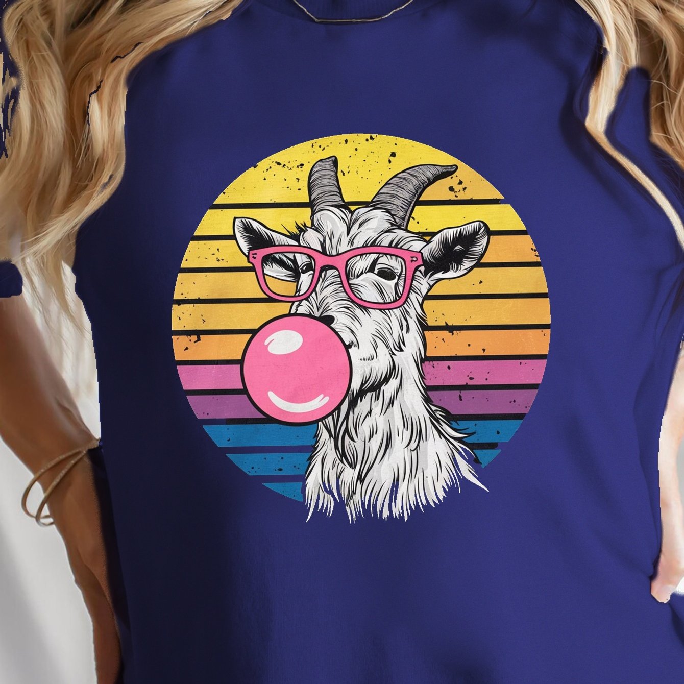 Goat Wearing Pink Glasses Print T-shirt, Short Sleeve Crew Neck Leisure T-shirt For Spring & Summer, Women's Clothing