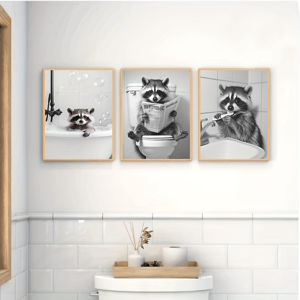 Set of 3 Raccoon Canvas Wall Art Prints - Modern Art Deco Animal Theme, Contemporary Portrait Orientation Black and White Posters for Bathroom, Bedroom, Living Room Decor, Unframed Indoor Hanging Decor