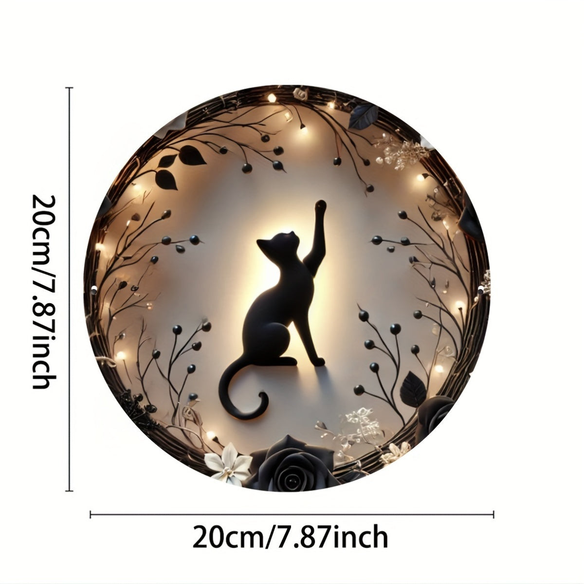 Halloween Black Cat Silhouette Metal Wreath Sign - Aluminum Engraving Wall Decor with Floral Accents for Home, Cafe, Gym, Restroom - Festive Indoor Holiday Art Piece