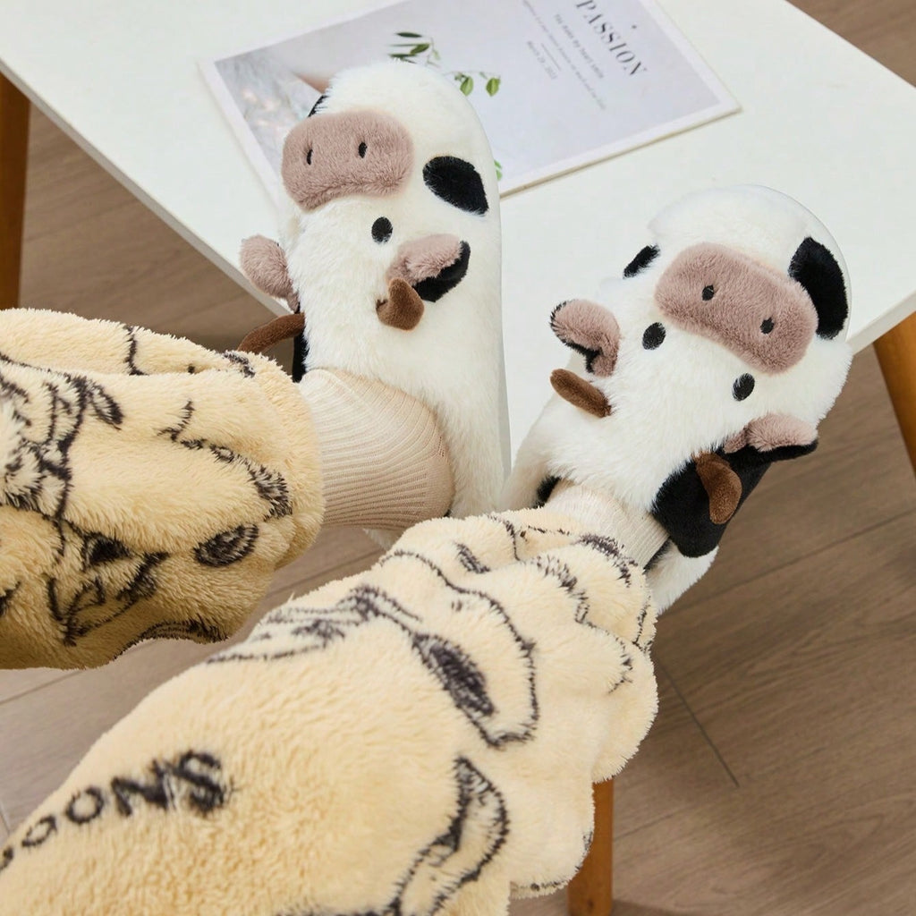 Cozy Home Cute Cartoon Cow Plush Half- Slippers, Couple Matching Style, Thickened and Warm, Women Shoes