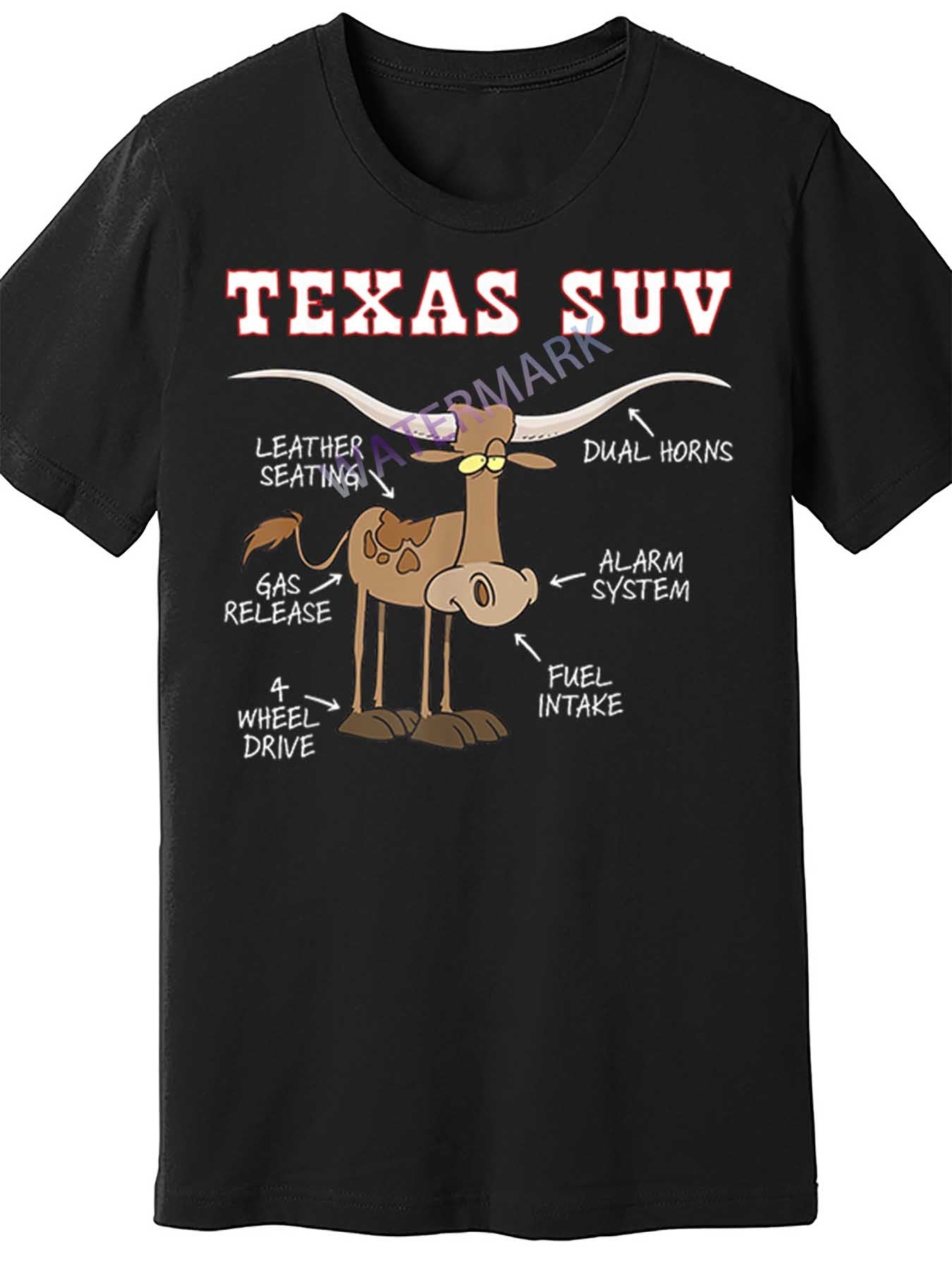 Men's Funny Texas SUV Cow Graphic T-Shirt - 100% Cotton, Short Sleeve, Black, Casual & Comfortable Fit, Machine Washable, Round Neck, Funny Longhorn Design with Dual Horns & Alarm System