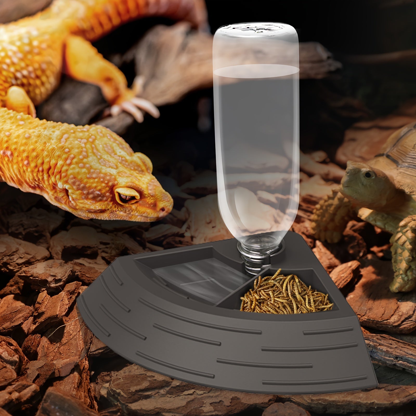 2 In 1 Reptile Water Dish & Food Dish With Automatic Water Bottle, Bearded Dragon Plastic Food Feeder Dish Terrarium Feeder Bowls For Leopard Gecko, Lizard, Frog, Snake & Chameleon