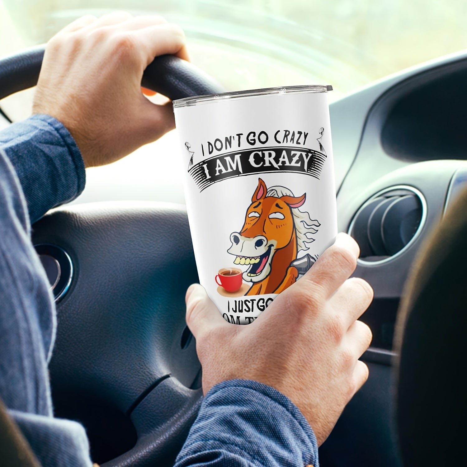 Funny "I Don't Go Crazy, I Am Crazy Horse" Tumbler with Lid - 20oz Leakproof & -Slip Stainless Steel Cup, Durable Humorous Drinkware for Office, Camping, Gifts (-Themed Design, Lid) - &