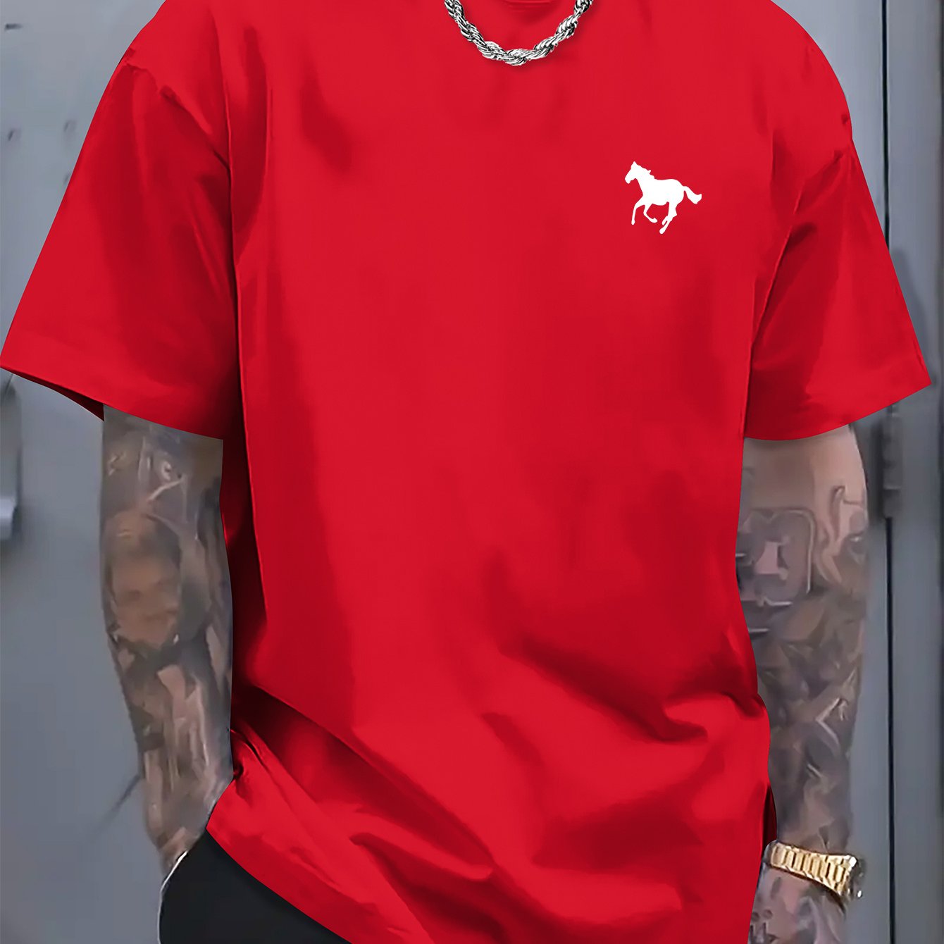 Classic Cotton Crew Neck T-Shirt - Soft, Breathable, Minimalist Horse Print, Comfortable Casual Wear for Everyday Activities