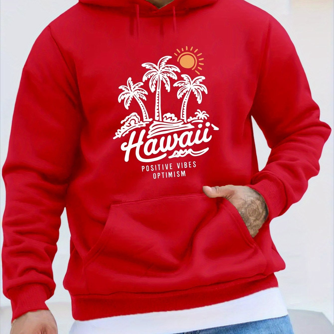 Men'S Casual Long Sleeve Hoodie, 100% Polyester Knit Fabric, Winter Warmth with "Hawaii Positive Vibes Optimism" Print, Regular Fit with Slight Stretch, 200gsm - Fashionable Gift for Men