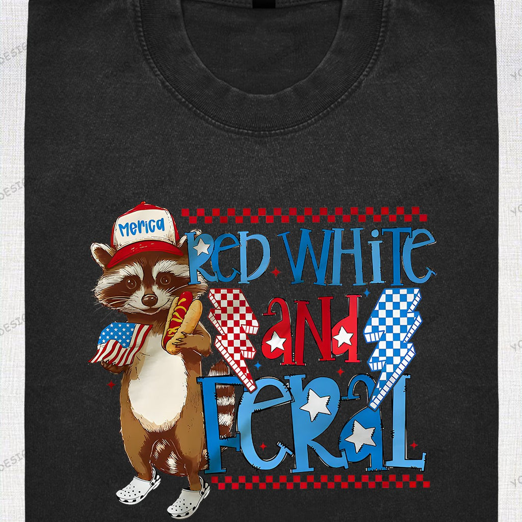 230G Washed Old Cotton T-Shirt, Fashionable 4Th of July, Wild Raccoon, American Flag Design, Independence Day, Dad'S Gift, Relaxed Street Style.