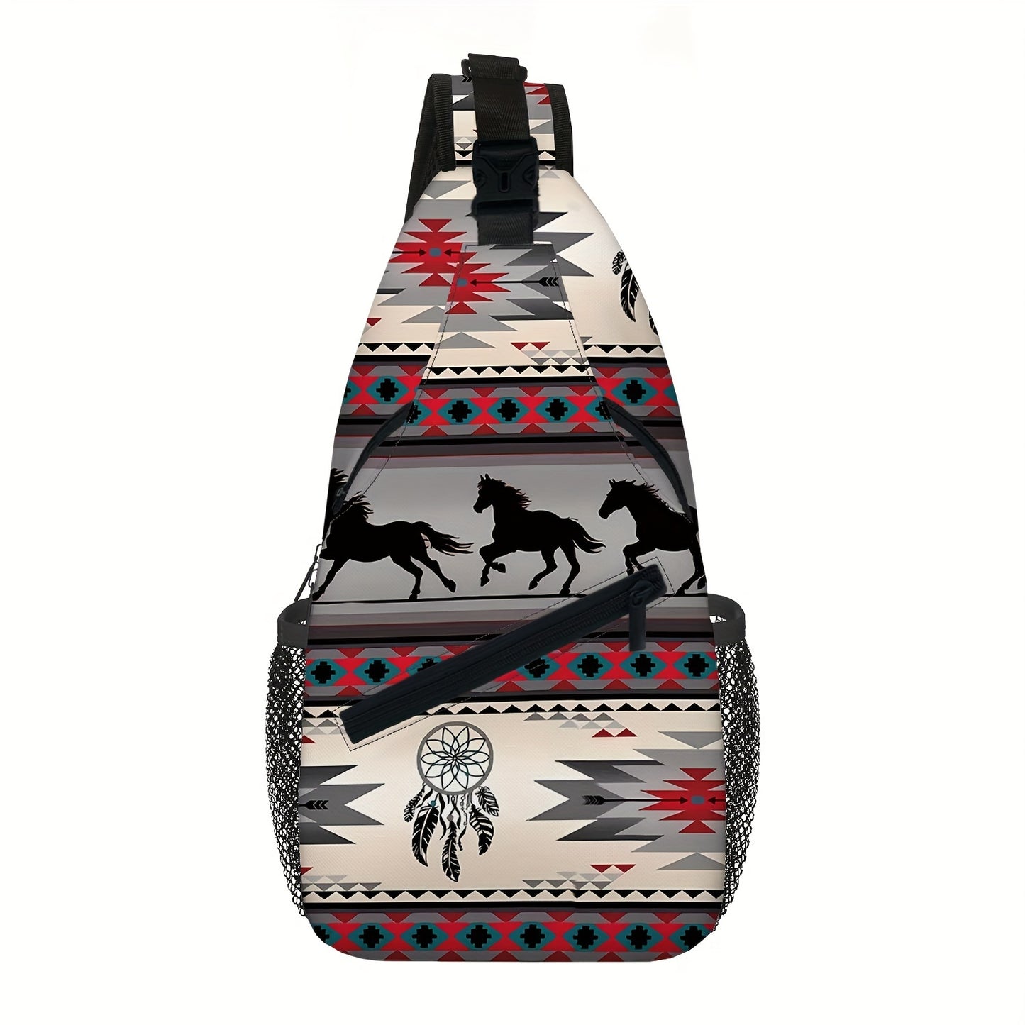 Totem Style Horse Pattern Print Casual Sling Bag, Men's And Women's Crossbody Bag For Travel & Daily Commute