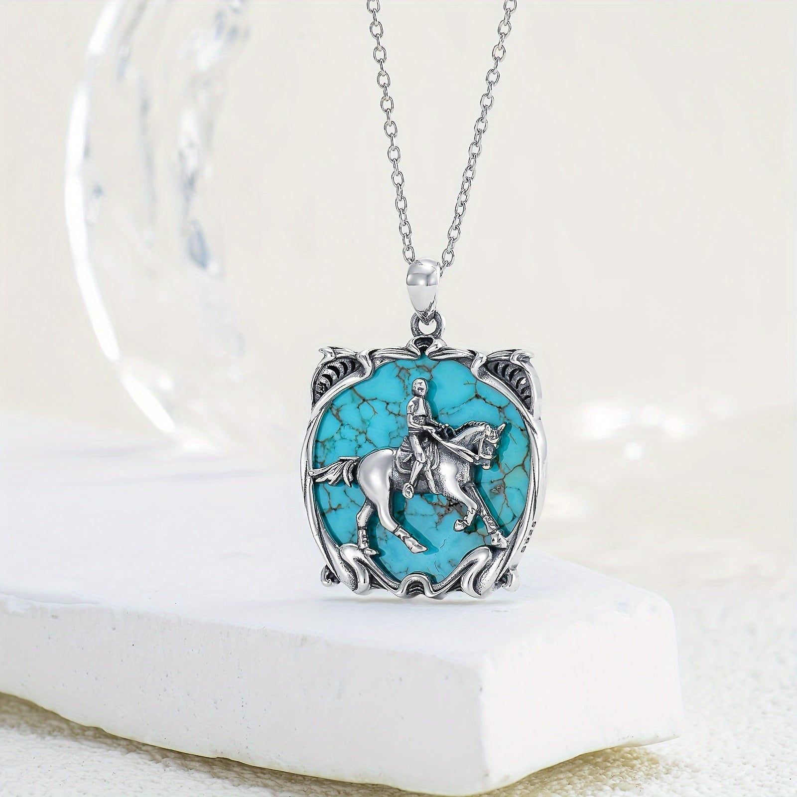 Turquois Horse Necklace For Women 925 Sterling Silver Genuine Turquoise Gemstone Horse And Women Pendant Horse Jewelry Gift Birthday Mother's Day