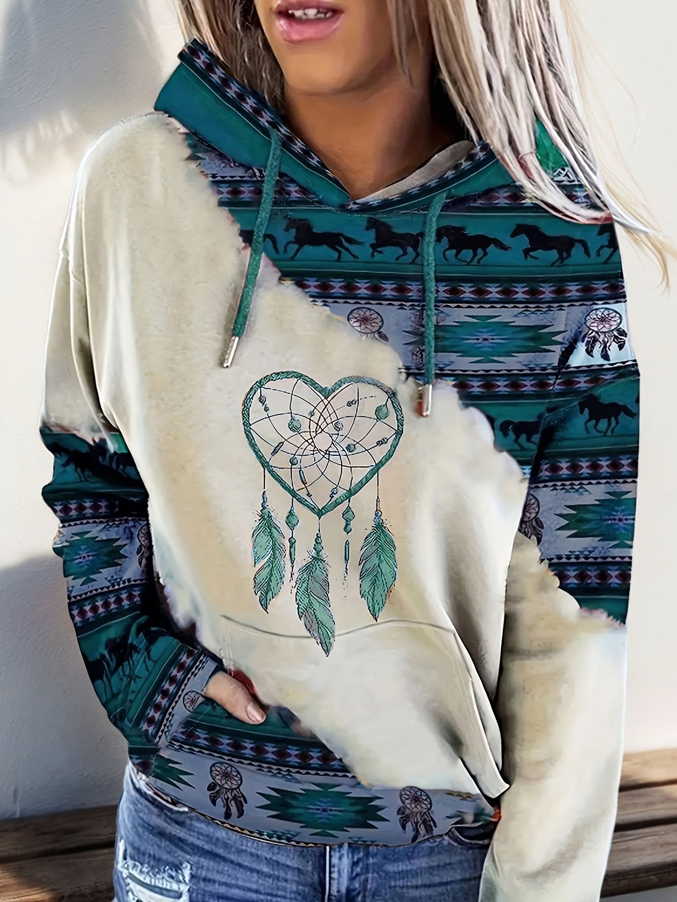 Women's Boho-Chic Western Hoodie with Dreamcatcher & Horse Print - Vintage-Inspired Casual Pullover in Beige, Purple, and White, Polyester Blend, Machine Washable