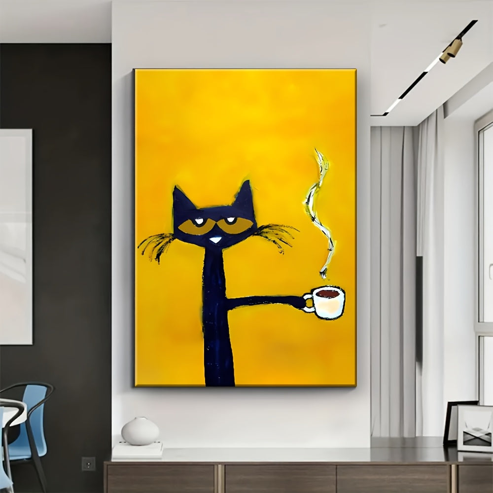 1pc Modern Cat Canvas Art with Wooden Frame – Whimsical Cartoon-Style Black Cat Holding Coffee Cup – Yellow Background, Warm Tones, Unique Animal Wall Decor for Living Room, Bedroom, or Home Office, Cat Decor