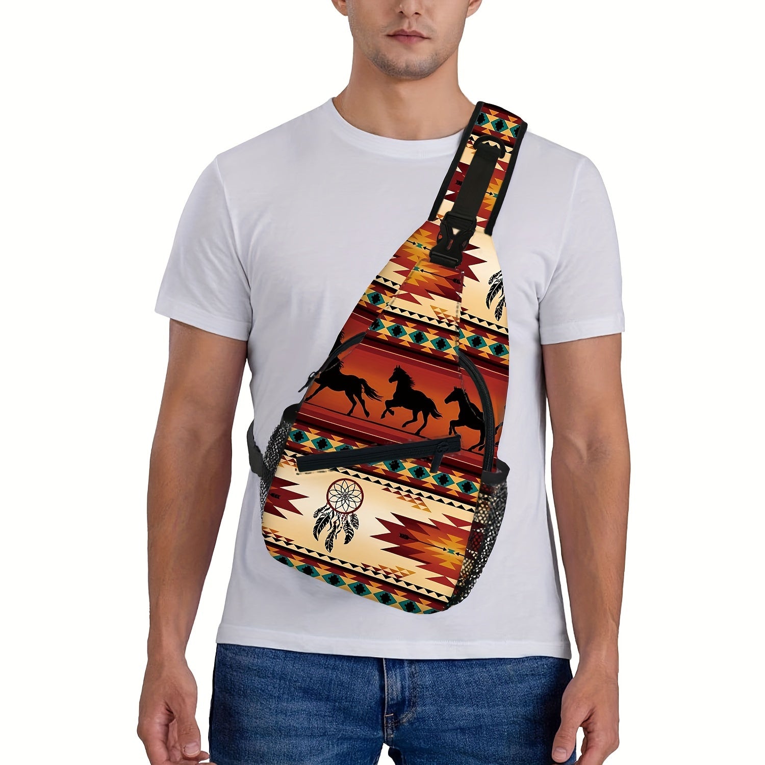 Totem Style Horse Pattern Print Casual Sling Bag, Men's And Women's Crossbody Bag For Travel & Daily Commute