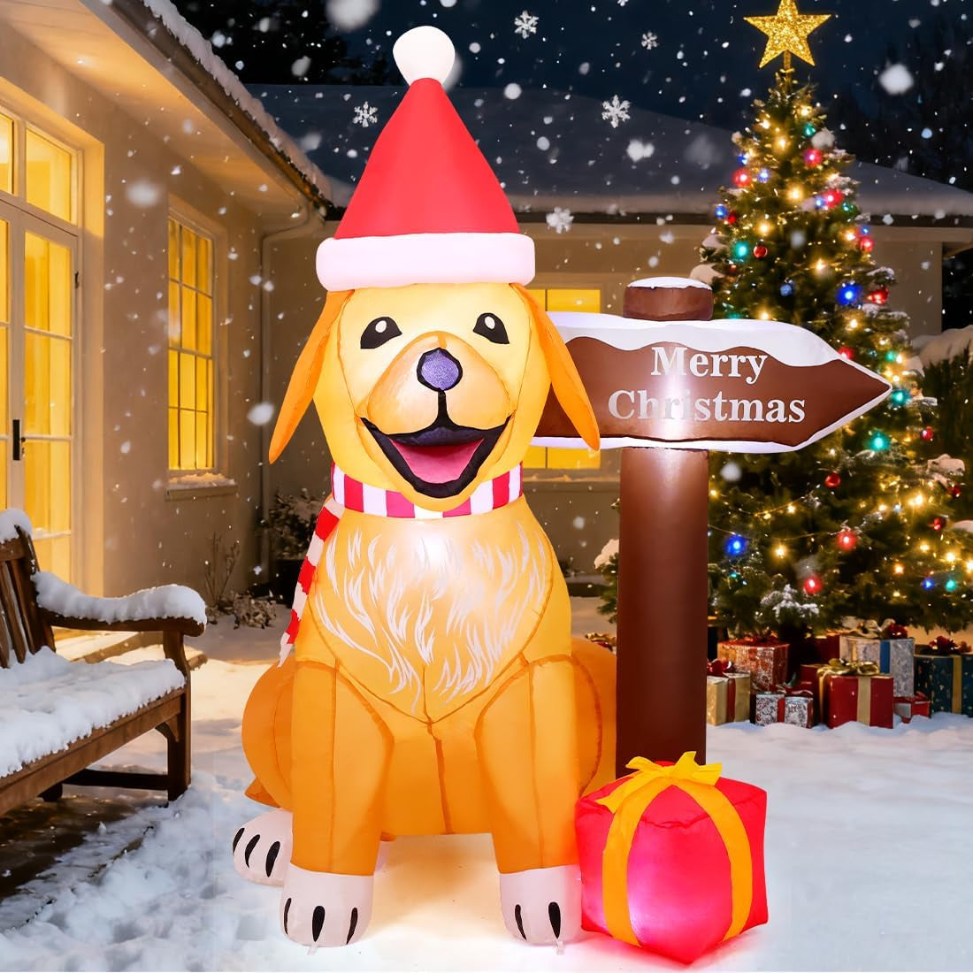 5 FT Inflatable Golden Retriever Christmas Decoration with LED Street Sign for Outdoor and Indoor Holiday Decor