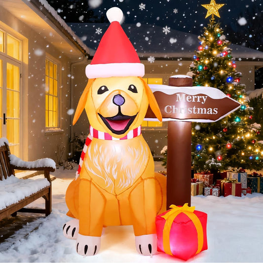 5 FT Inflatable Golden Retriever Christmas Decoration with LED Street Sign for Outdoor and Indoor Holiday Decor