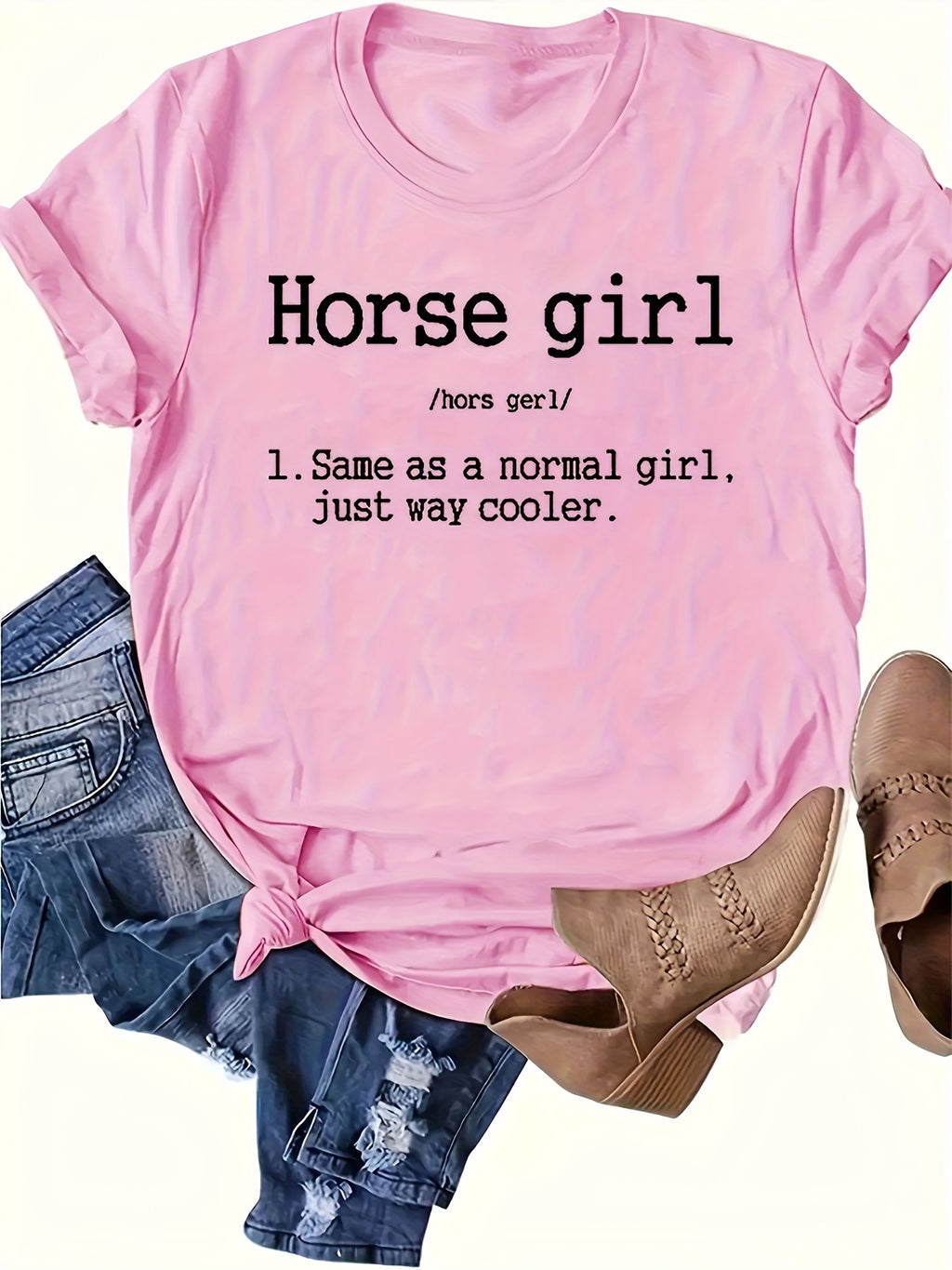 Vibrant Horse Girl Letter Print T-Shirt - Soft Short Sleeve Crew Neck Casual Top for Summer - Comfortable Women's Clothing for Horse Lovers