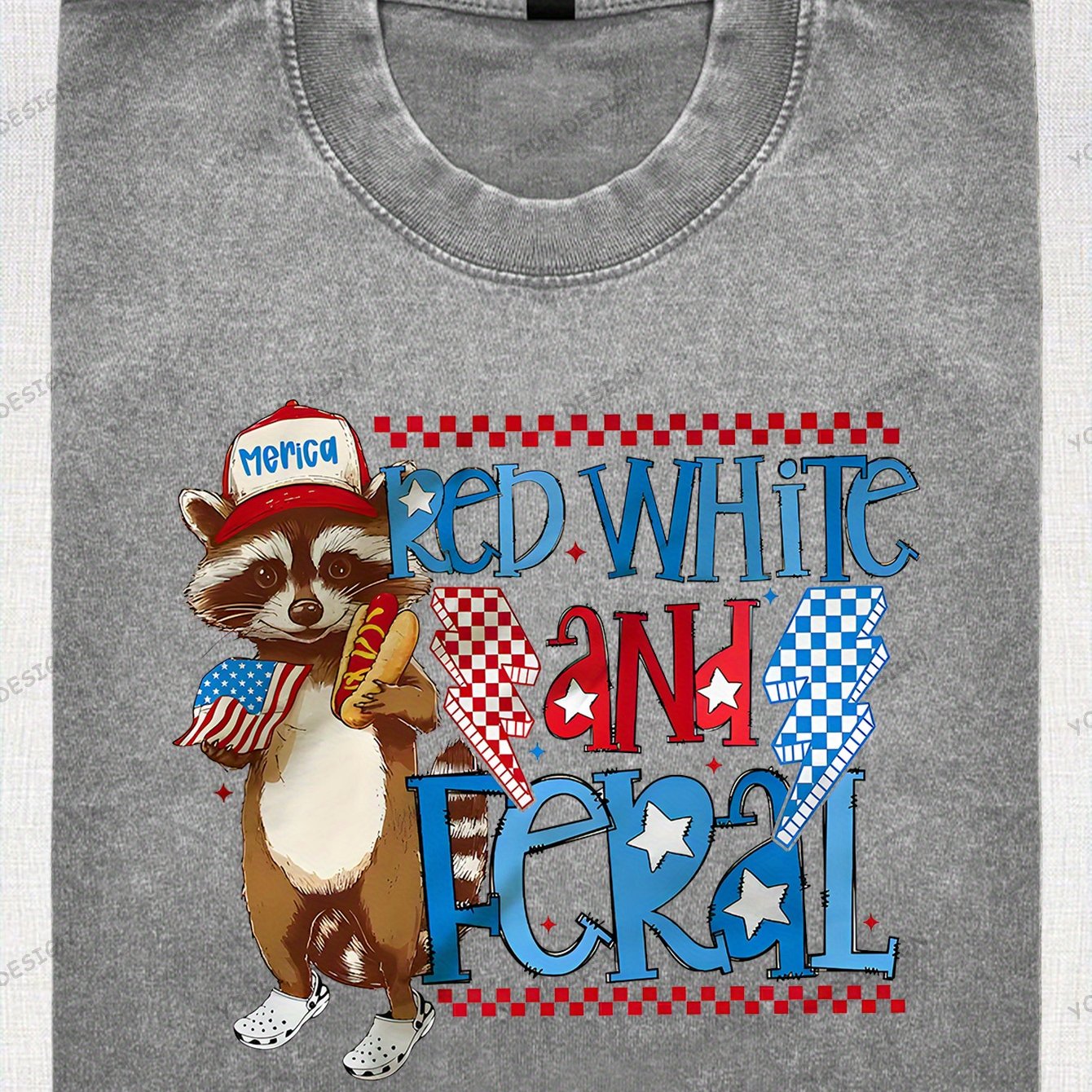 230G Washed Old Cotton T-Shirt, Fashionable 4Th of July, Wild Raccoon, American Flag Design, Independence Day, Dad'S Gift, Relaxed Street Style.