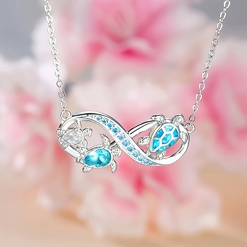 Ocean Style Blue Opal Three Turtles Infinity Symbol Pendant Necklace Valentine's Day Party Holiday Gift
