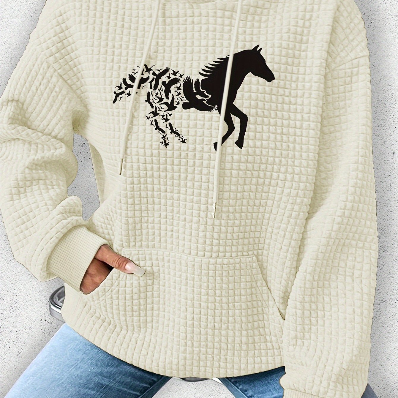 Vibrant Horse Print Waffle Hoodie - Soft, Cozy, and Casual Drawstring Kangaroo Pocket Sweatshirt for Women - Perfect for Fall and Spring Seasons