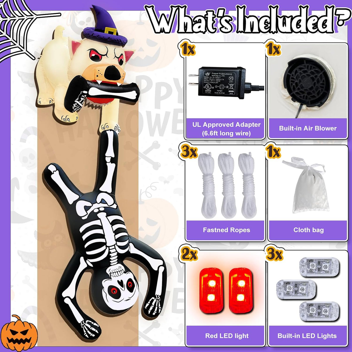 8FT LED Illuminated Halloween Inflatable Dog Pulling Skeleton Decor