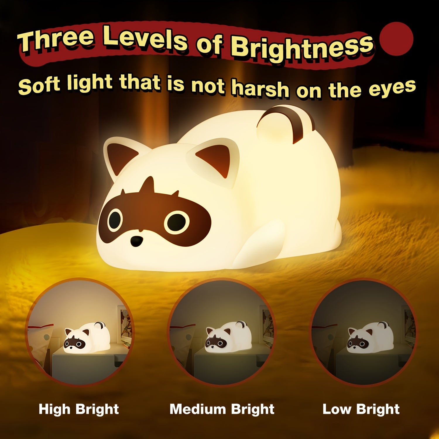 [Cute Raccoon Night Light] Cute Raccoon Night Light For Kids | Dimmable Rechargable Led Lamp Baby Nursery Bedroom Table Desk Lamp | Cool Stuff Fun Kawaii Room Decor Aesthetic Novelty Accessories, Gift For Women Home Decor Eas