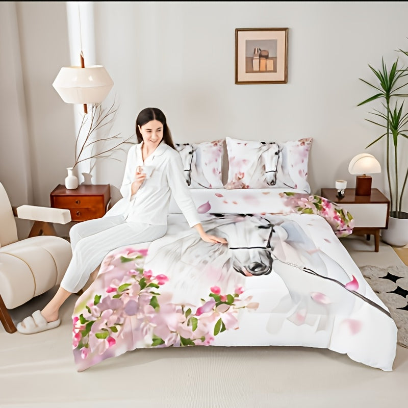 [3D Printed Horse Comforter] Fashion 3D Printed Wildlife Horse Bedding Set with Pillowcase, Soft and Comfortable Breathable Comforter Set Suitable for Guest Room Decor, Perfect Gift for Valentine's Day Housewarming