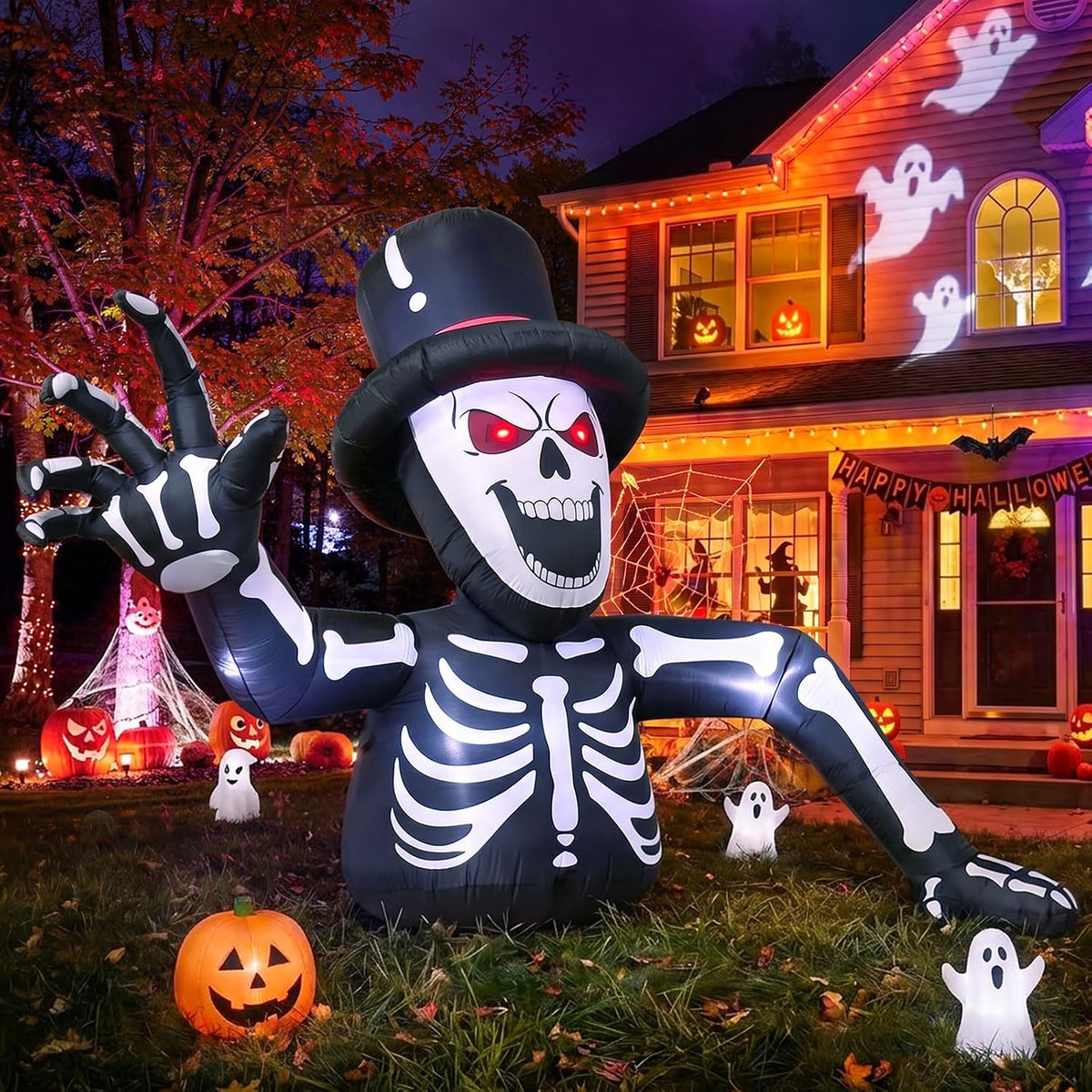 8FT LED Illuminated Halloween Inflatable Dog Pulling Skeleton Decor