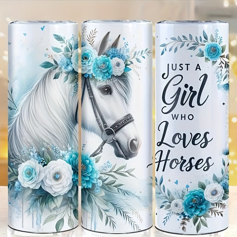 1pc Stainless Steel Insulated Tumbler Cup with White Horse & Roses Design, Reusable Oval Travel Mug, Non-Slip, BPA-Free, Ideal for Outdoor Camping & BBQ, Perfect Gift for Adults, Animal Print, Hand Wash Only, Suitable for Chr