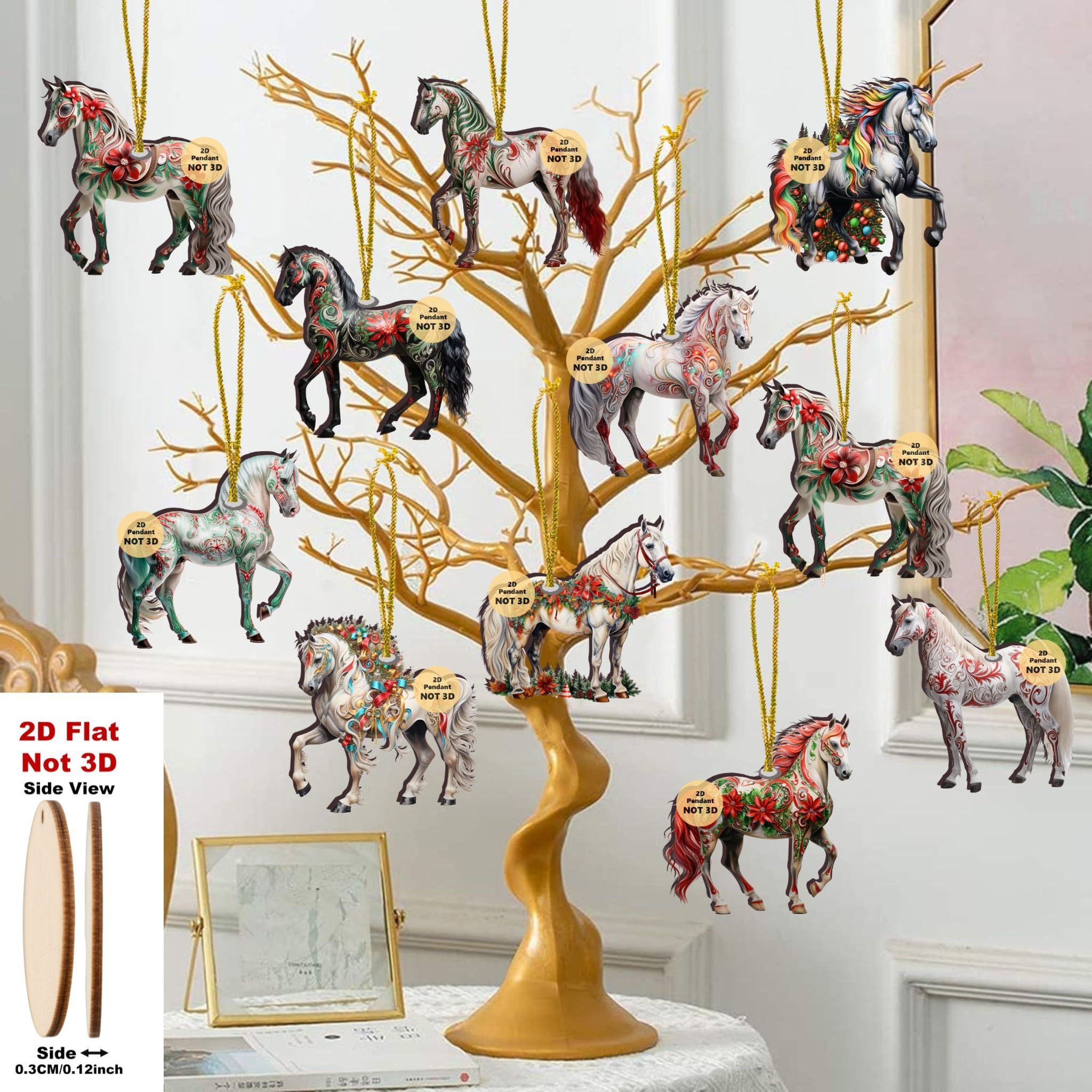 [Handcrafted Wooden Horse] 18pcs Handcrafted Wooden Horse Ornaments - 2D Flat, Festive Christmas Tree Decor with Golden Accents, Ideal for Holiday Home & Gift Tags, Perfect for Christmas, Halloween, Thanksgiving & New Year Ce