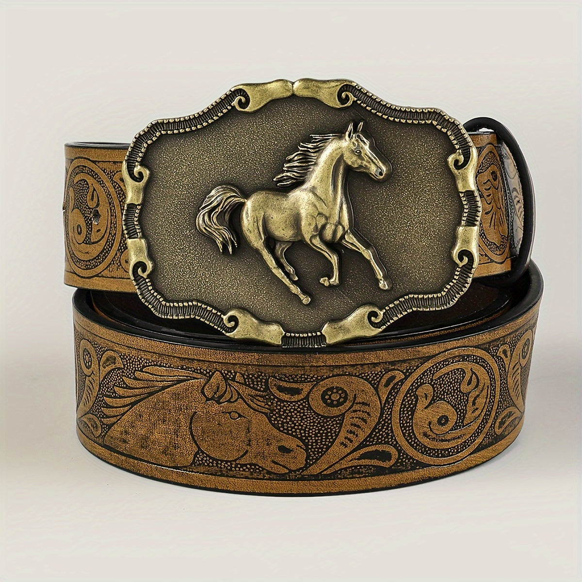 Western Horse Carved Buckle Belts Vintage Embossed Solid Color PU Waistband Classic Cowboy Cowgirl Jeans Pants Belt For Women & Men