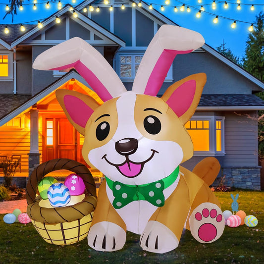 4.5 FT Easter Inflatable Dog Outdoor Decoration with Bunny Hat and Colorful Eggs, LED Lights for Garden and Indoor Use