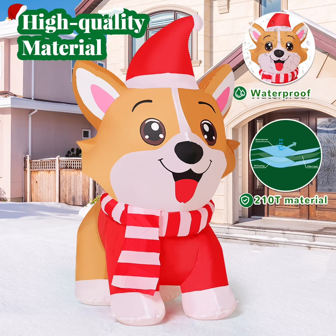 Christmas Inflatables 4.2 FT Inflatable Dog Wearing Hat with Built-in LED Lights, Cute Inflatable Christmas Dog Blow up Corgi Dog, Outdoor Christmas Decorations for Xmas Holiday Party