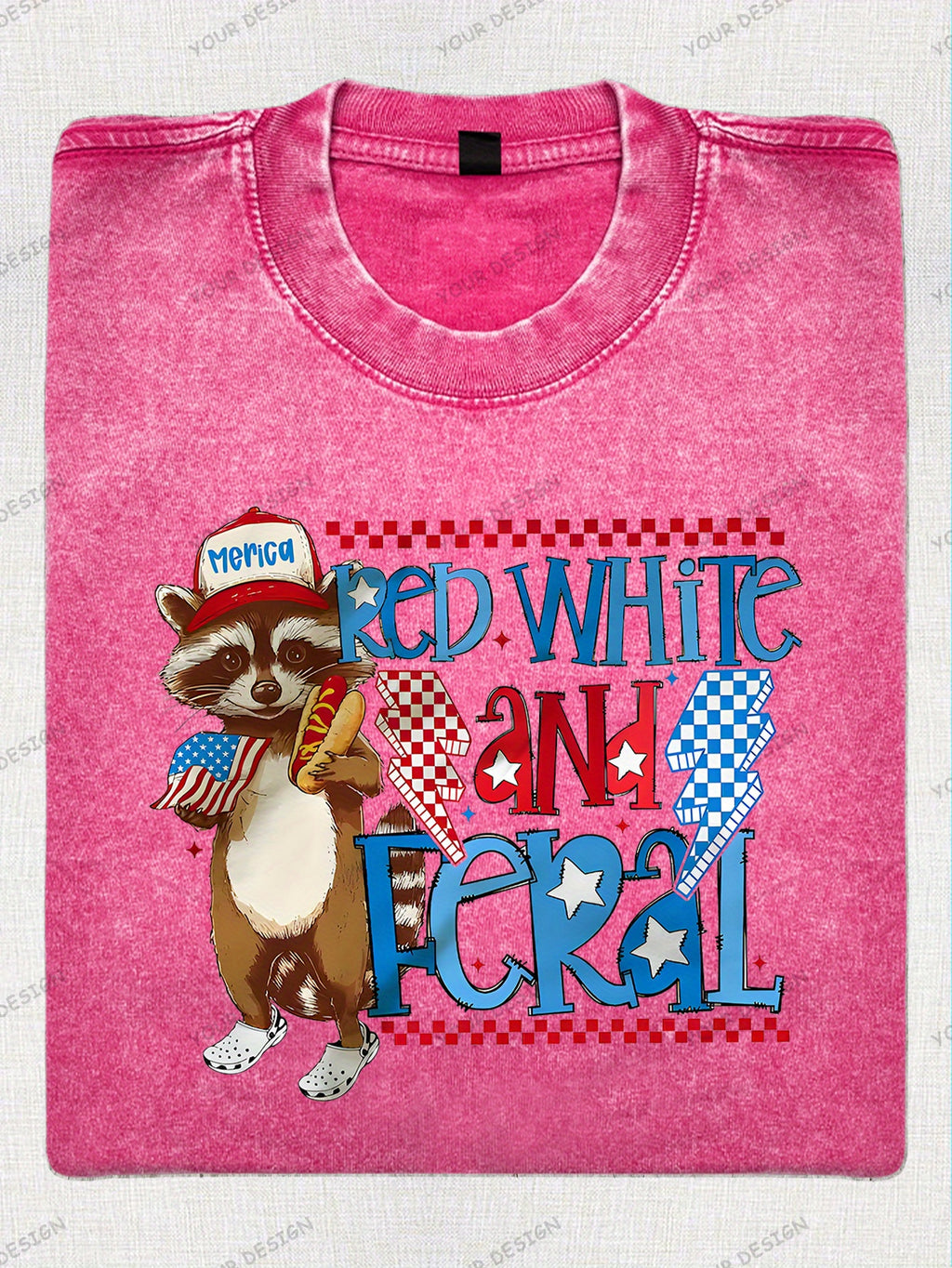 230G Washed Old Cotton T-Shirt, Fashionable 4Th of July, Wild Raccoon, American Flag Design, Independence Day, Dad'S Gift, Relaxed Street Style.