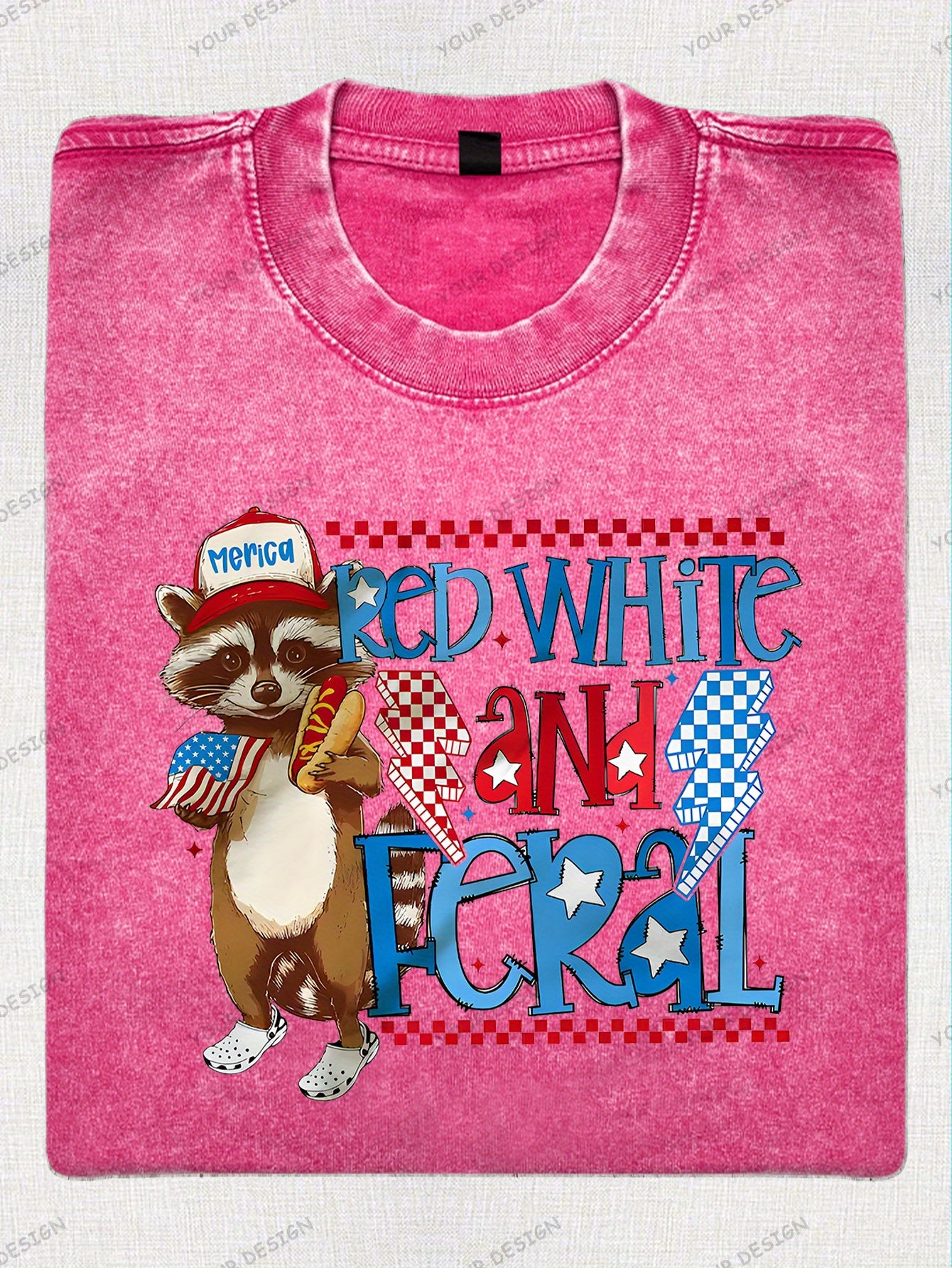 230G Washed Old Cotton T-Shirt, Fashionable 4Th of July, Wild Raccoon, American Flag Design, Independence Day, Dad'S Gift, Relaxed Street Style.
