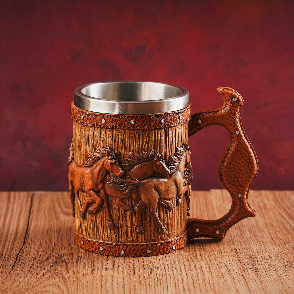 Viking Style Stainless Steel Mug with Horse Relief Design - Perfect for Christmas, Halloween, and Easter Celebrations